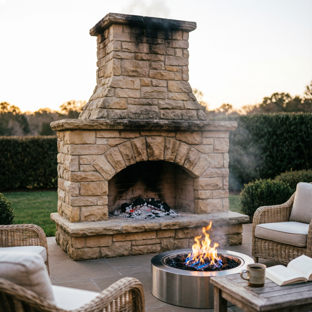 Stone chimney outdoor fireplace Long Island