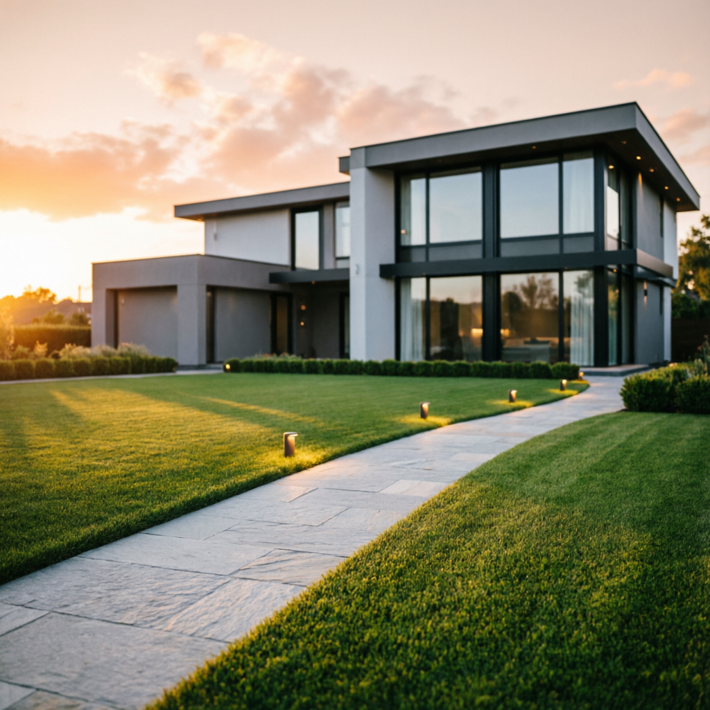 Luxury modern home manicured lawn Long Island landscaping