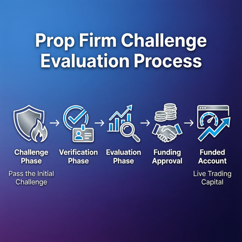 Prop firm challenge evaluation process flowchart from challenge phase to funded account