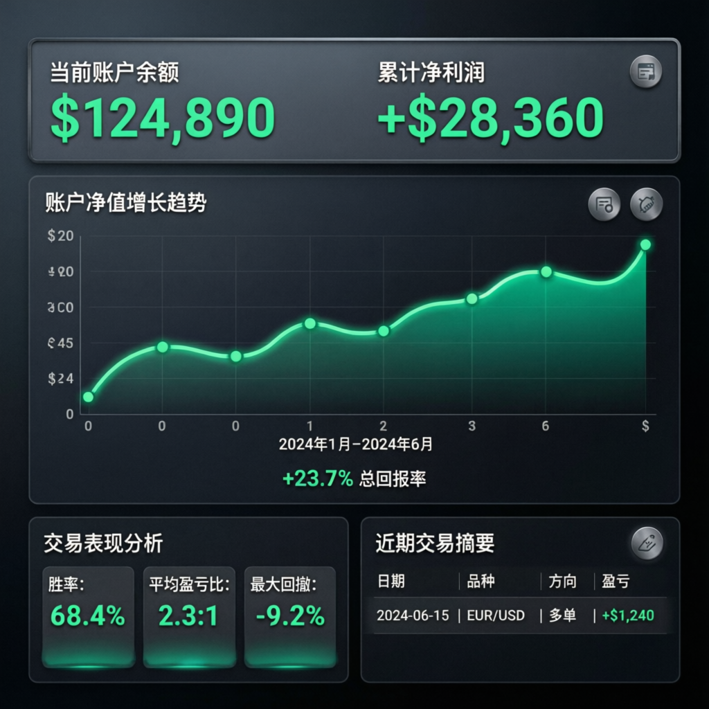 Funded trader dashboard showing account balance, profit metrics, and growth chart