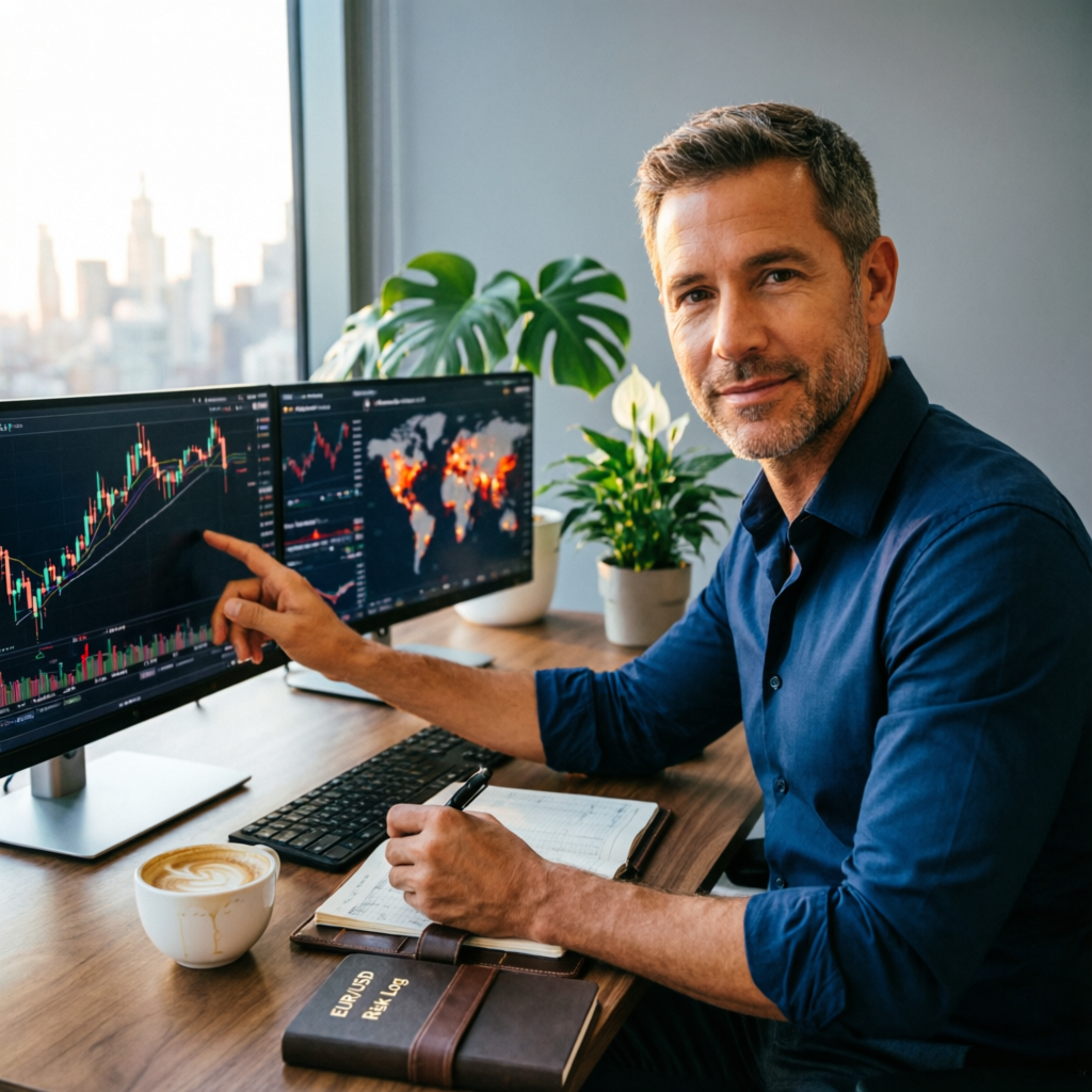 Professional trader analyzing forex charts on dual monitors in a modern home office