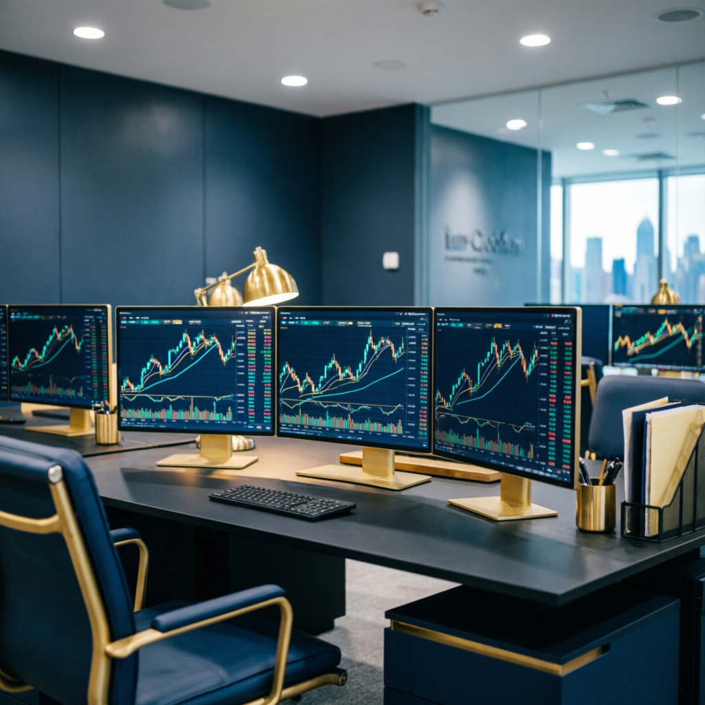 Modern prop trading firm office with multiple monitors displaying forex and futures trading charts