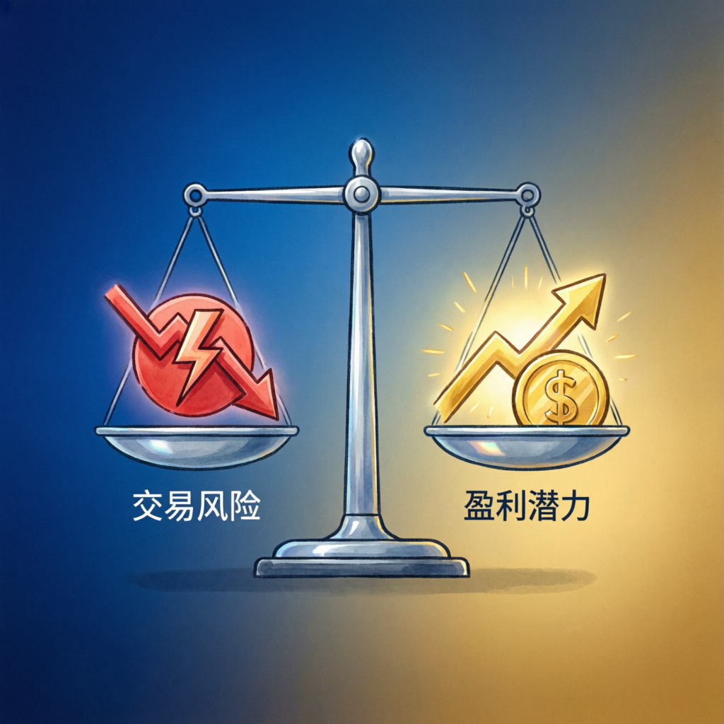 Risk management concept showing balance scale with trading risk versus profit potential