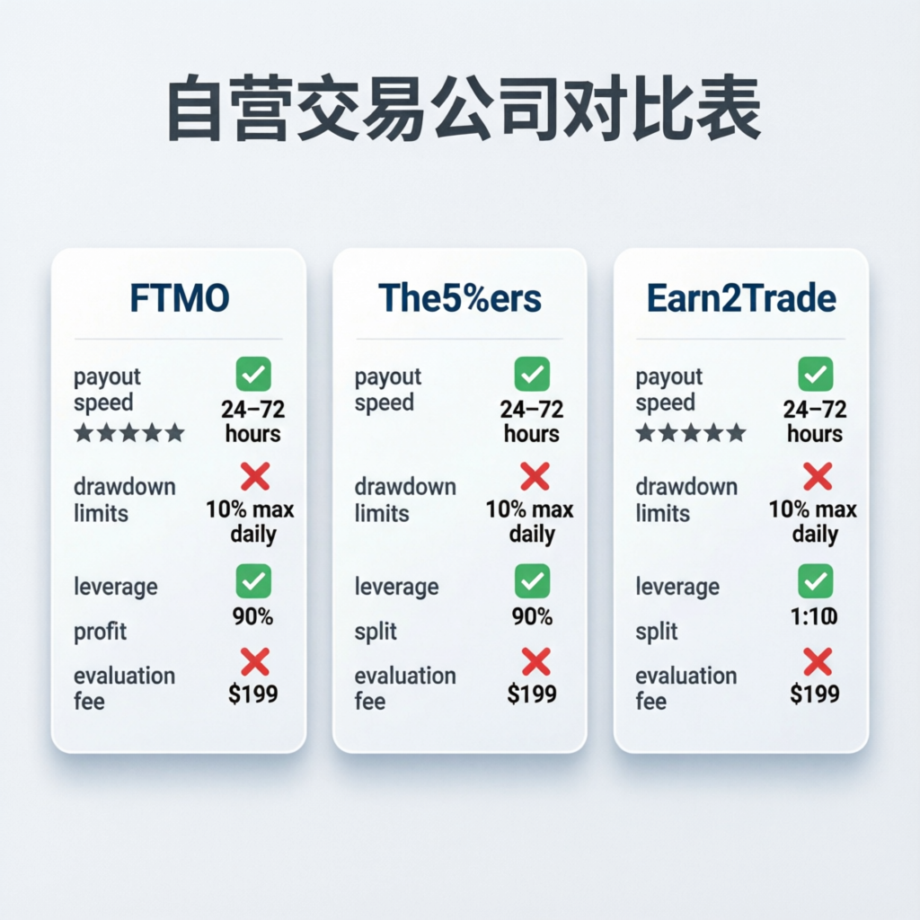 Prop trading firms comparison chart showing features like payout speed, drawdown limits, and leverage