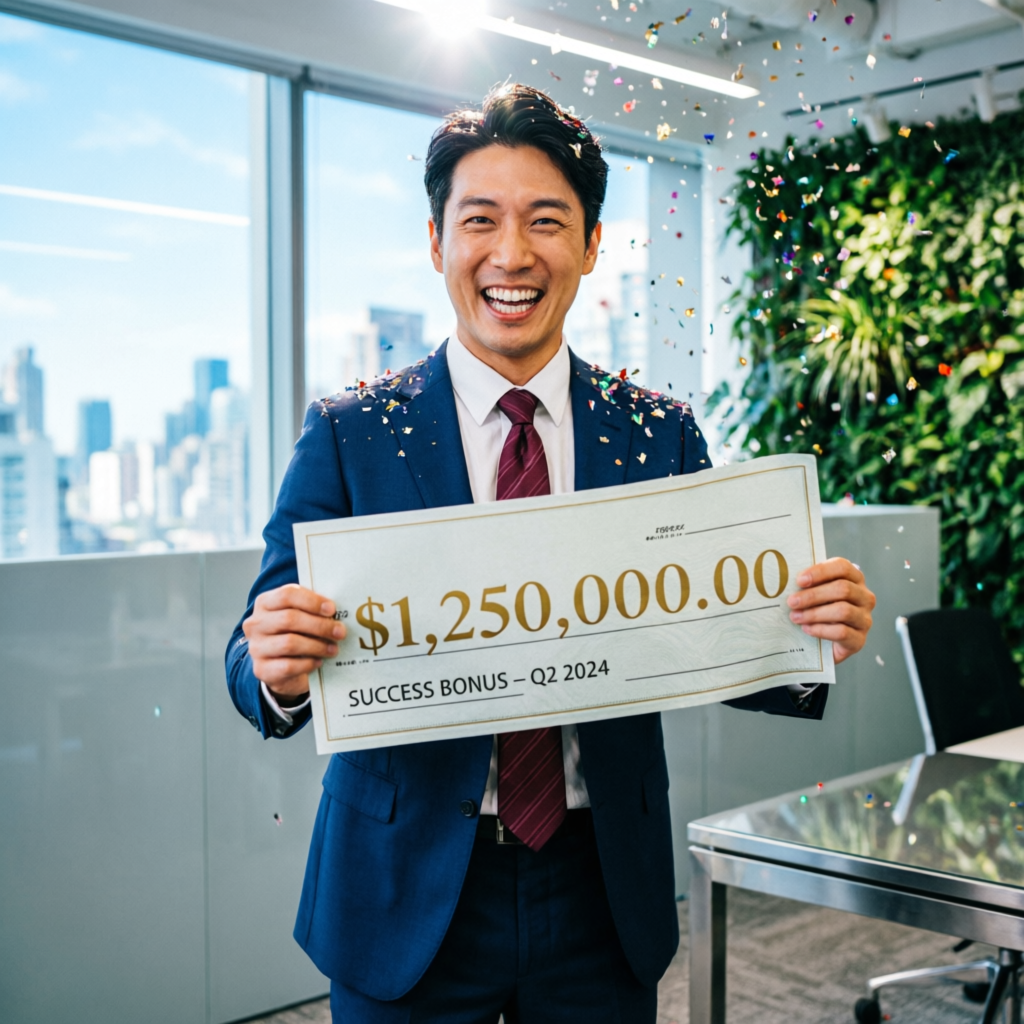 Trader celebrating with large payout check in modern office with confetti