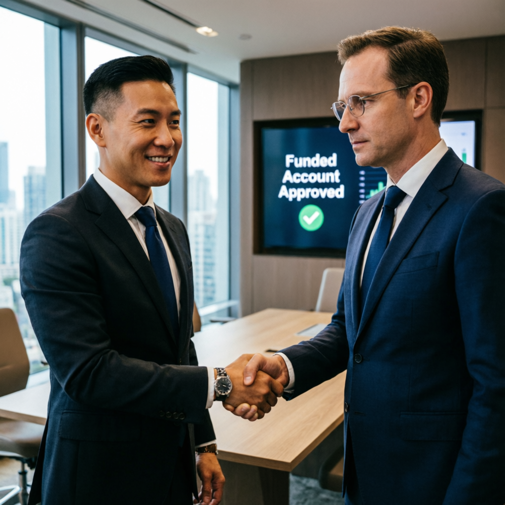 Professional handshake representing successful funded account approval through PFM Capitals
