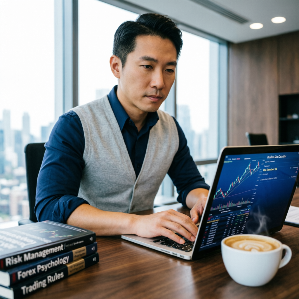 Professional trader analyzing risk management and position sizing for prop firm challenge