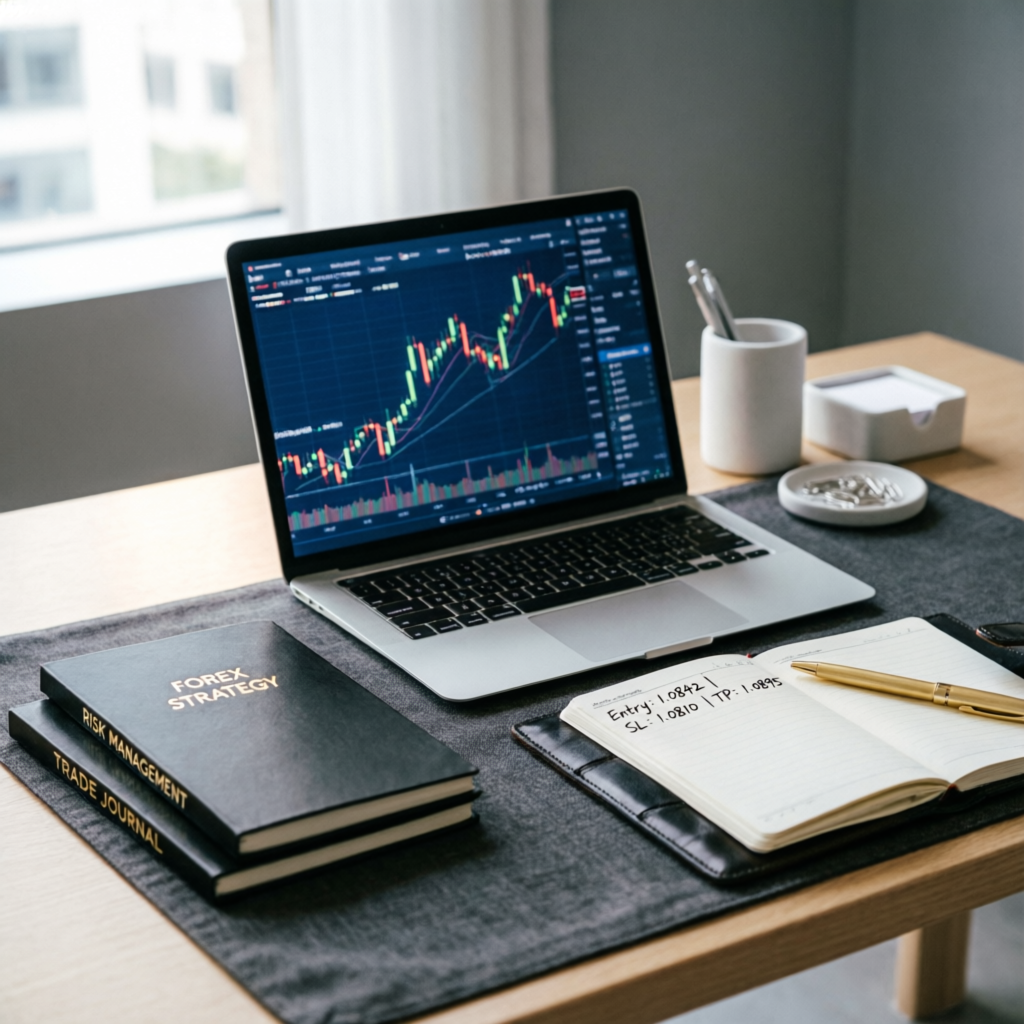Trading strategy planning with forex chart analysis, trading journal, and risk management notebook