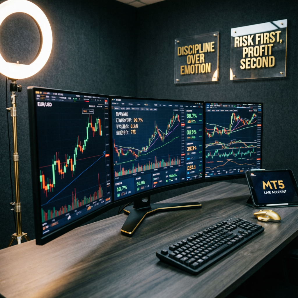 Professional prop firm trading setup with multiple monitors displaying Funding Pips drawdown rules analysis and forex charts