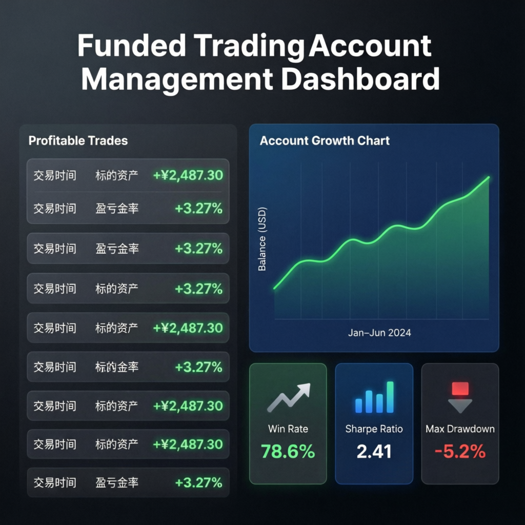 Funded Trading Account Management Dashboard showing account growth, win rate, and performance metrics