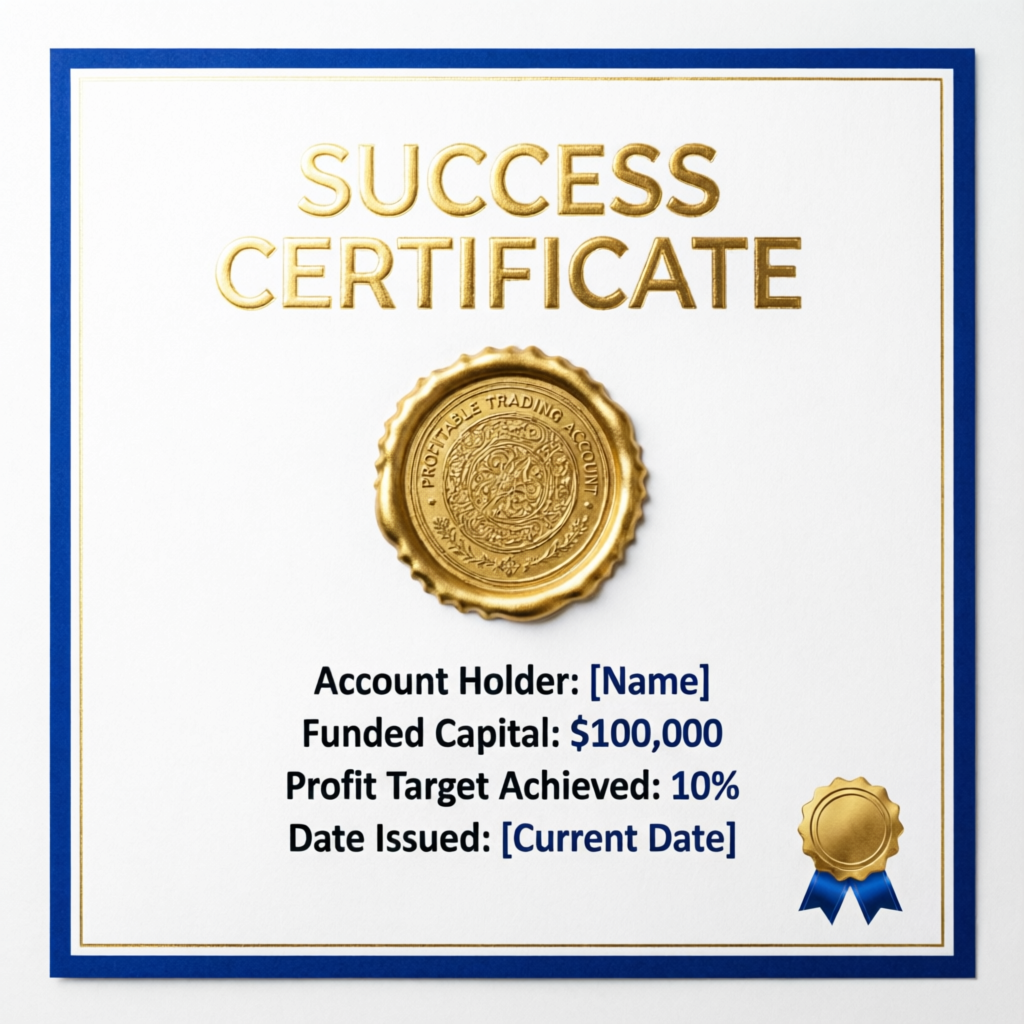 Funded account passing certificate from PFM Capitals prop firm services