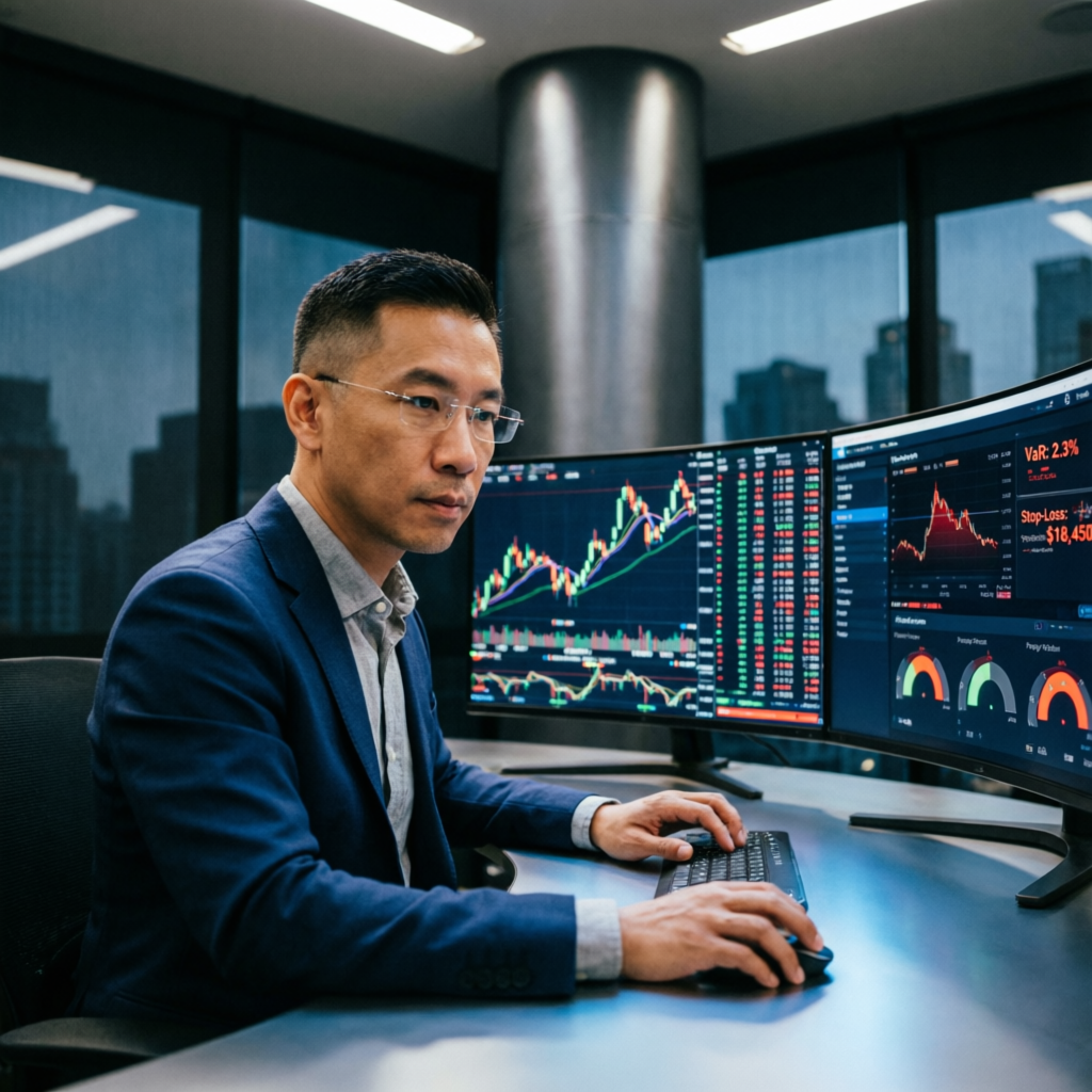 Professional Financial Analyst Reviewing Trading Screens