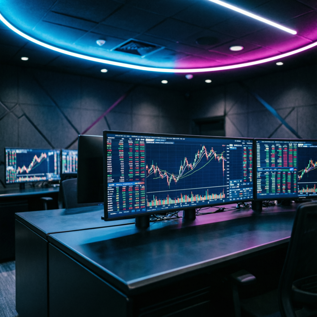 Professional prop firm trading floor with multiple screens