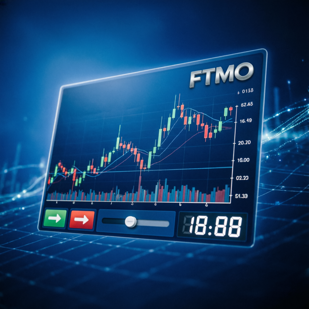 FTMO prop trading firm platform with candlestick charts and trading interface