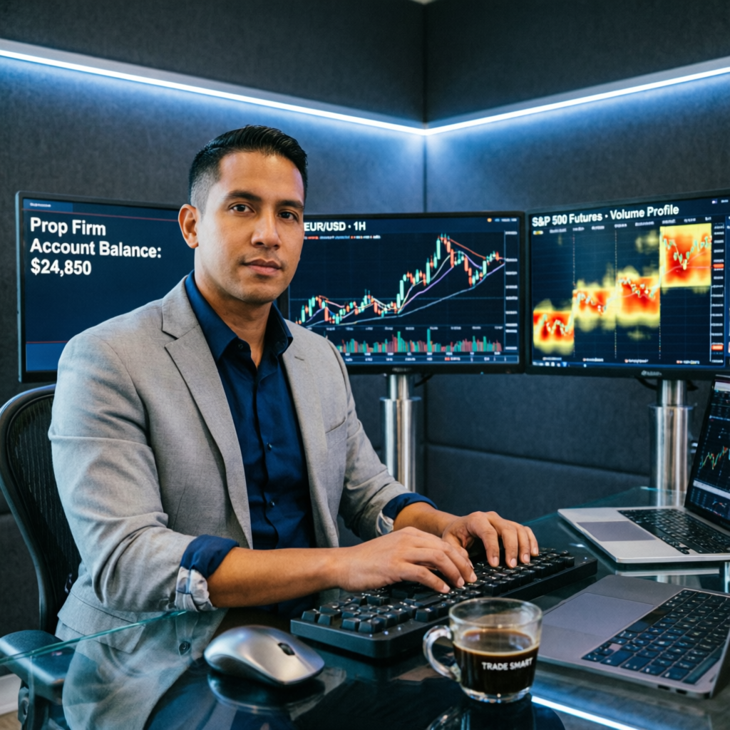 Professional trader analyzing prop firm trading charts on multiple monitors in modern trading office