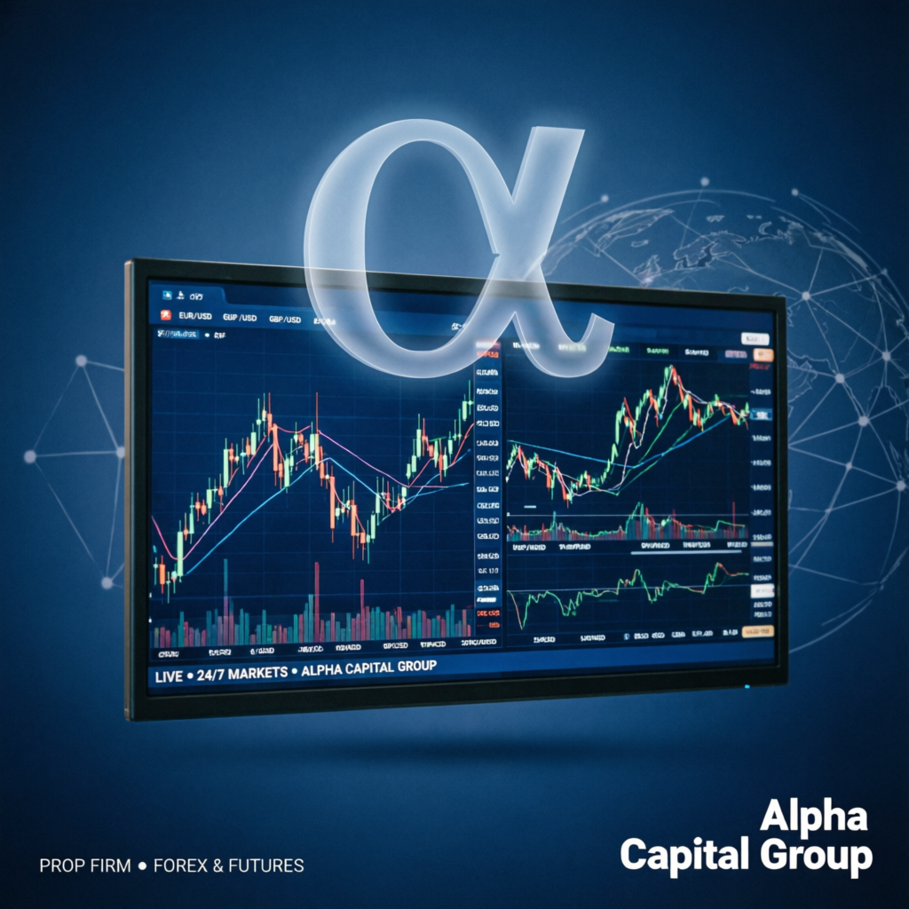 Alpha Capital Group prop firm with alpha symbol overlay and global trading network