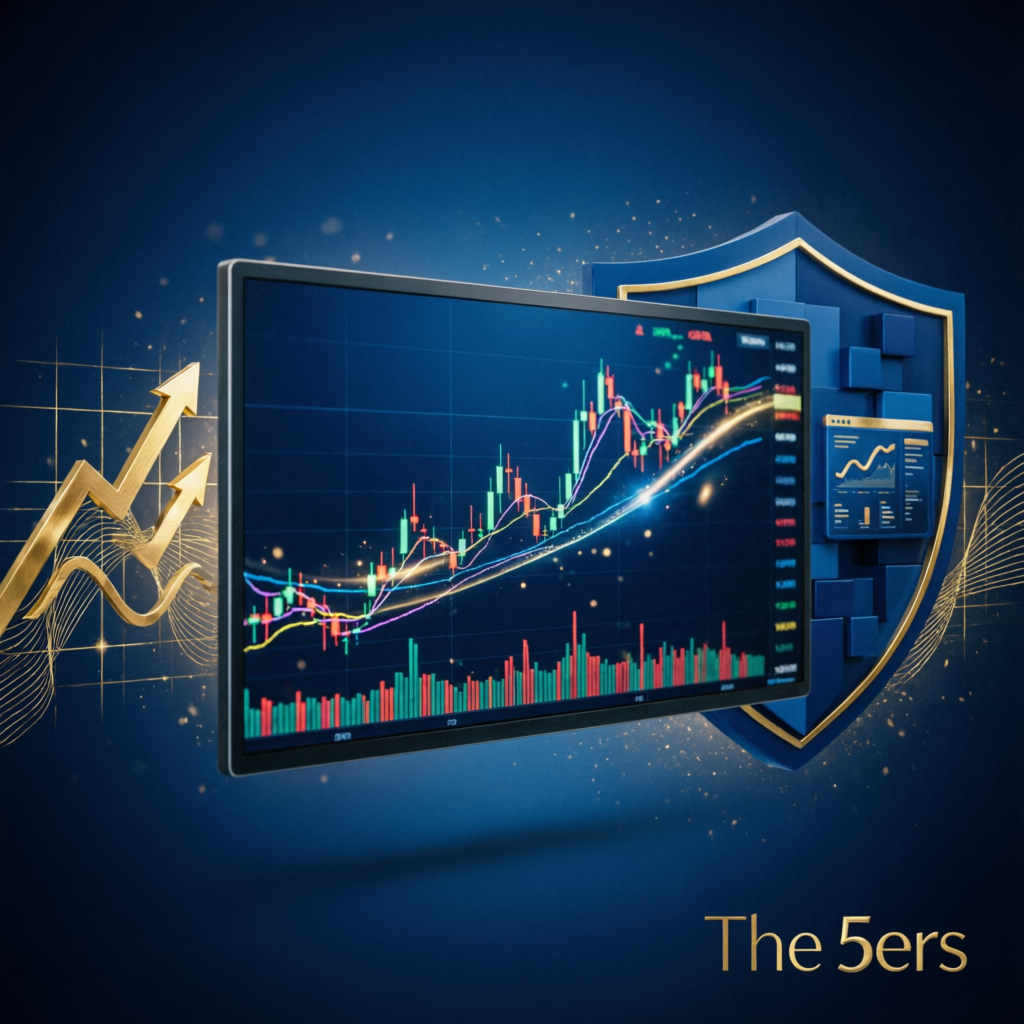 The 5ers prop trading firm with shield security symbol and trading chart display