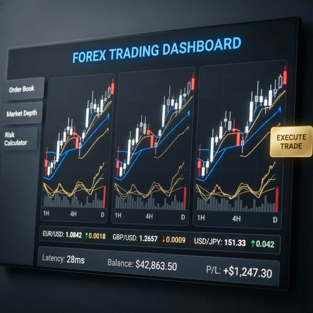 Forex trading dashboard showing prop firm trading with multiple charts and indicators