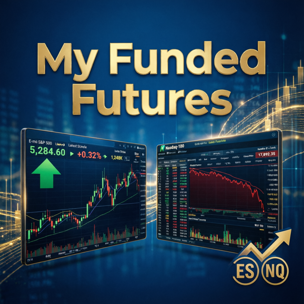 My Funded Futures trading platform with ES and NQ futures charts and gold branding