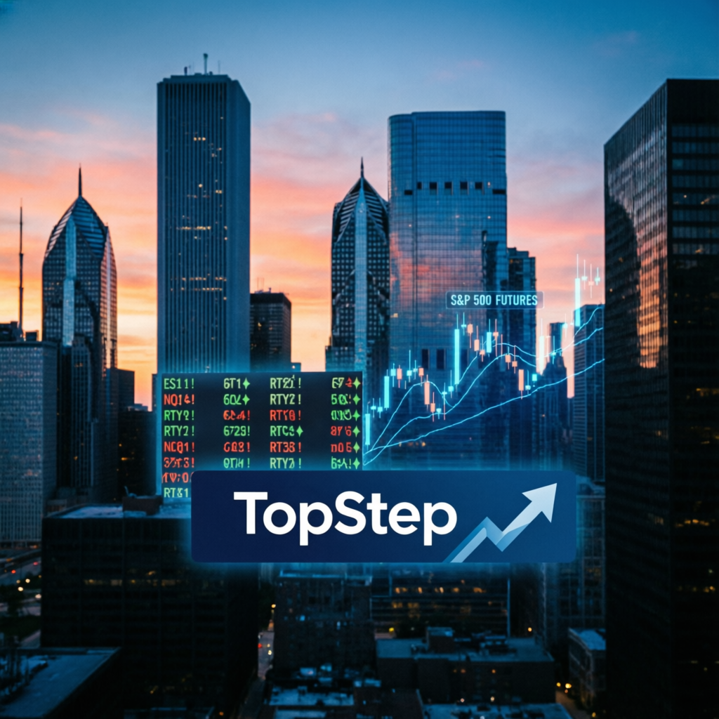 TopStep trading firm with Chicago skyline background and futures trading charts