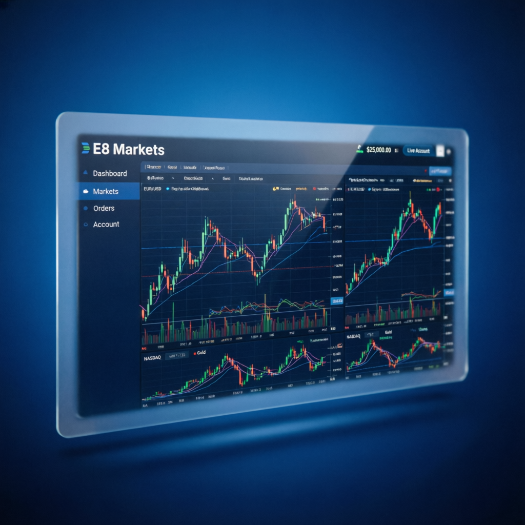 E8 Markets trading dashboard with multiple currency pair charts and professional interface