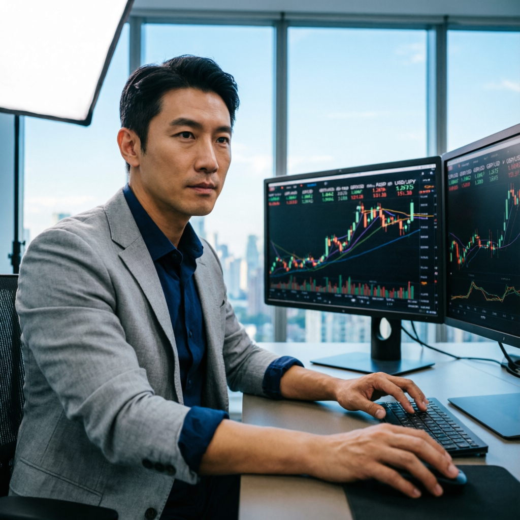 Professional trader analyzing forex charts at multiple monitors in modern trading office