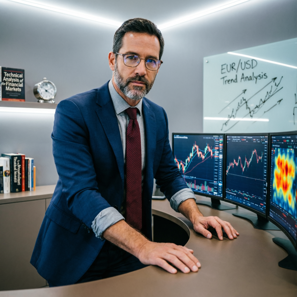Professional forex trading mentor in suit analyzing EUR/USD trend analysis on multiple monitors