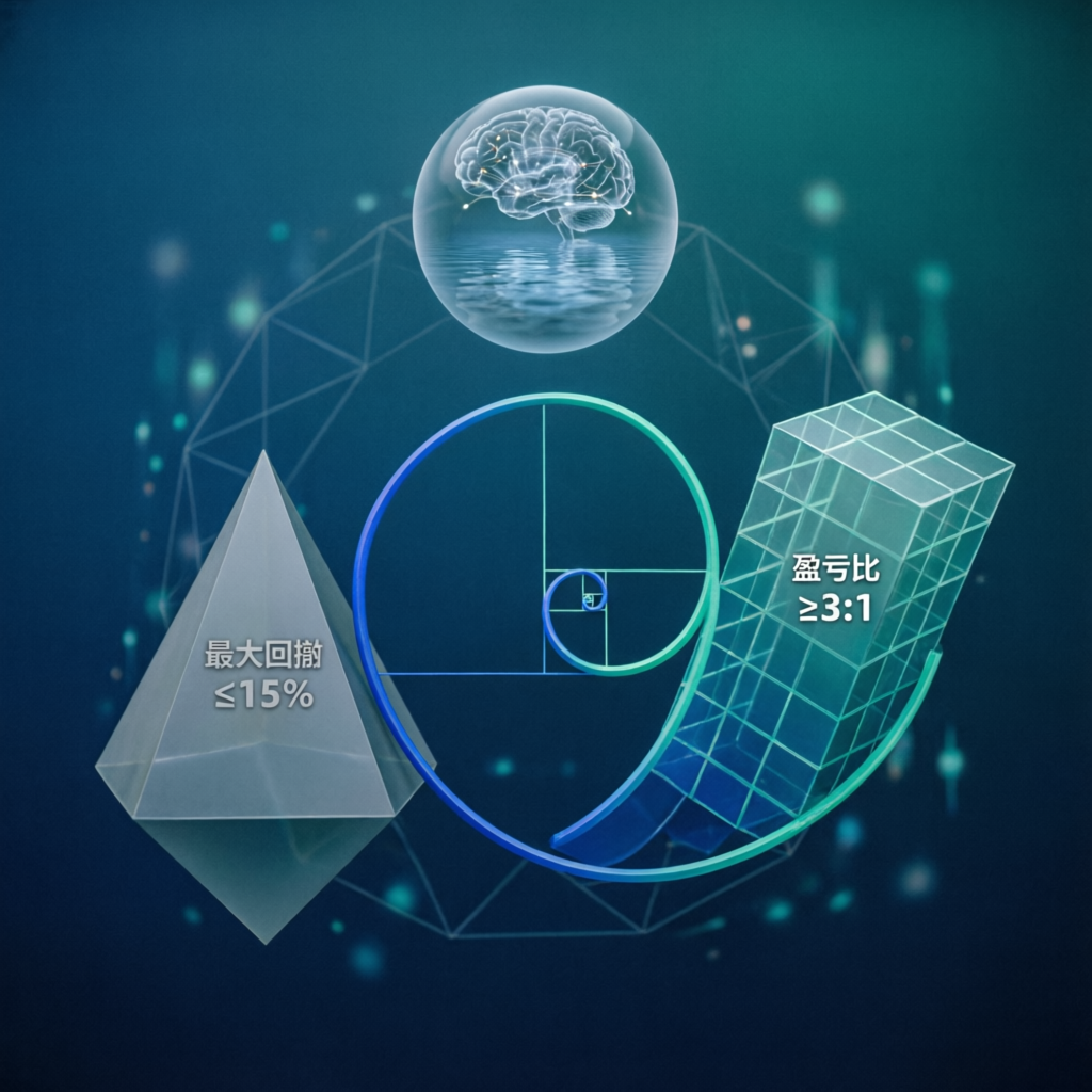 Trading strategy visualization showing risk management metrics and trading psychology concepts