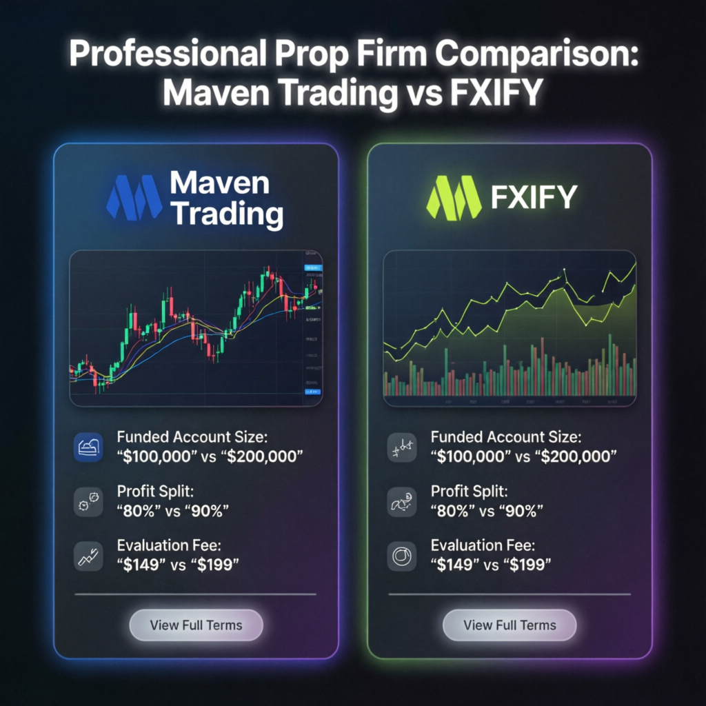 Professional Prop Firm Comparison chart showing Maven Trading vs FXIFY features side by side