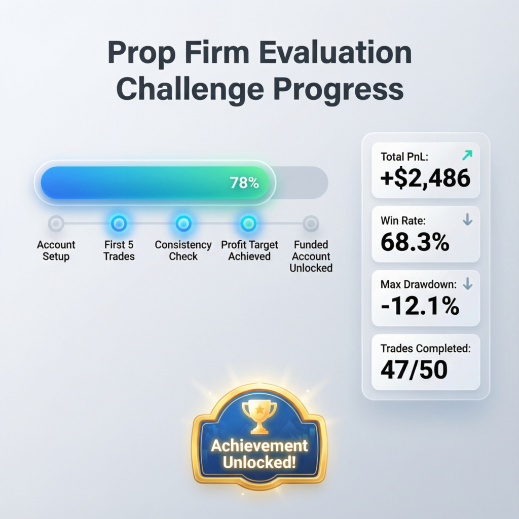 Prop Firm Evaluation Challenge Progress tracker showing metrics and achievement milestones