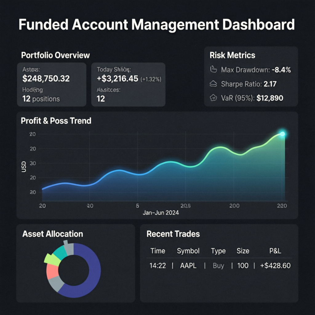 Funded Account Management Dashboard showing portfolio overview risk metrics and trading analytics