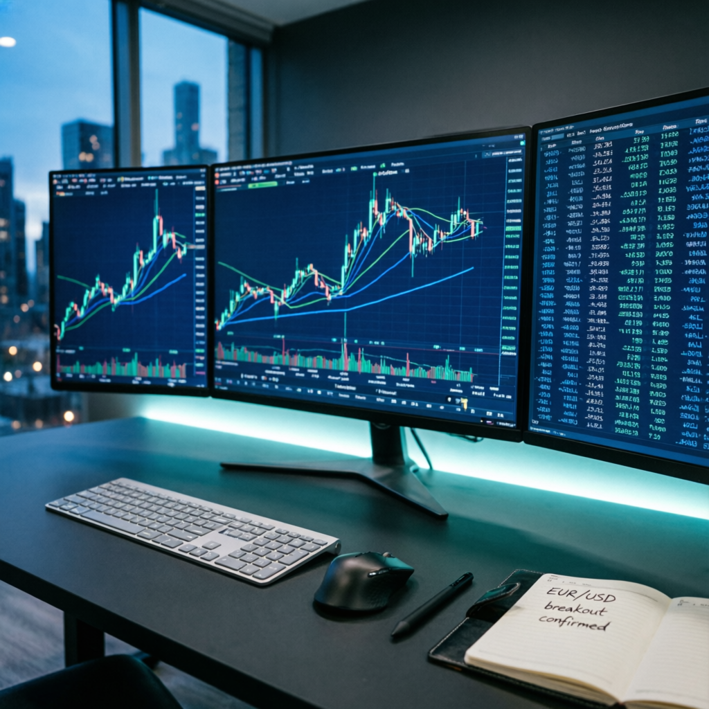 Professional trading setup with multiple monitors