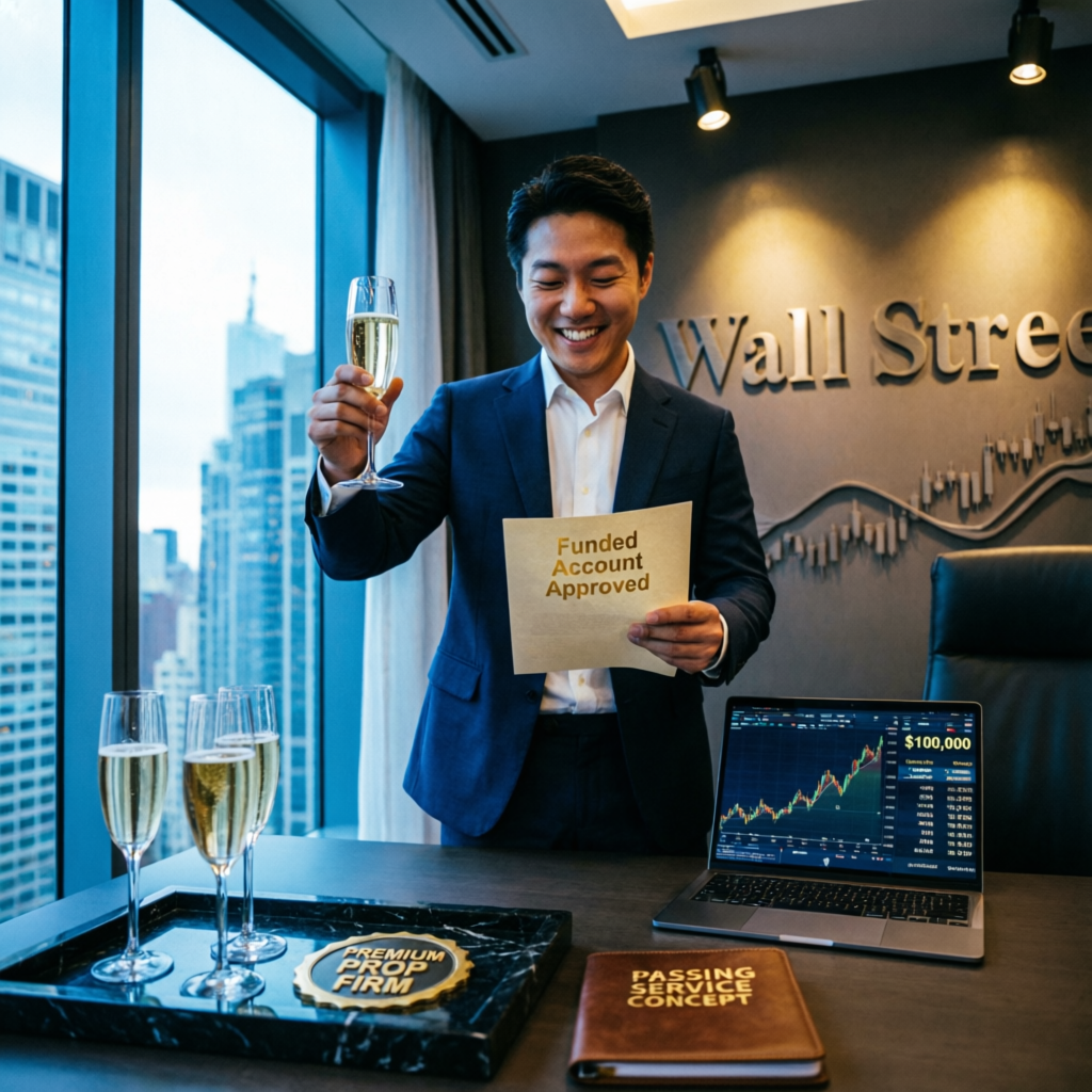 Trader celebrating funded account approval with champagne