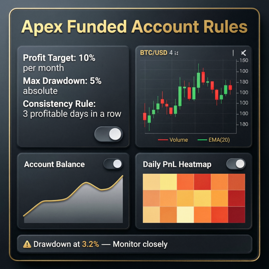 Apex Funded Account Rules dashboard showing profit target, max drawdown, and consistency rule