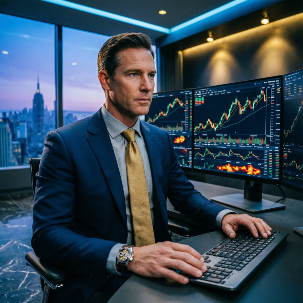 Professional forex trader analyzing Apex funded account rules on multiple monitors