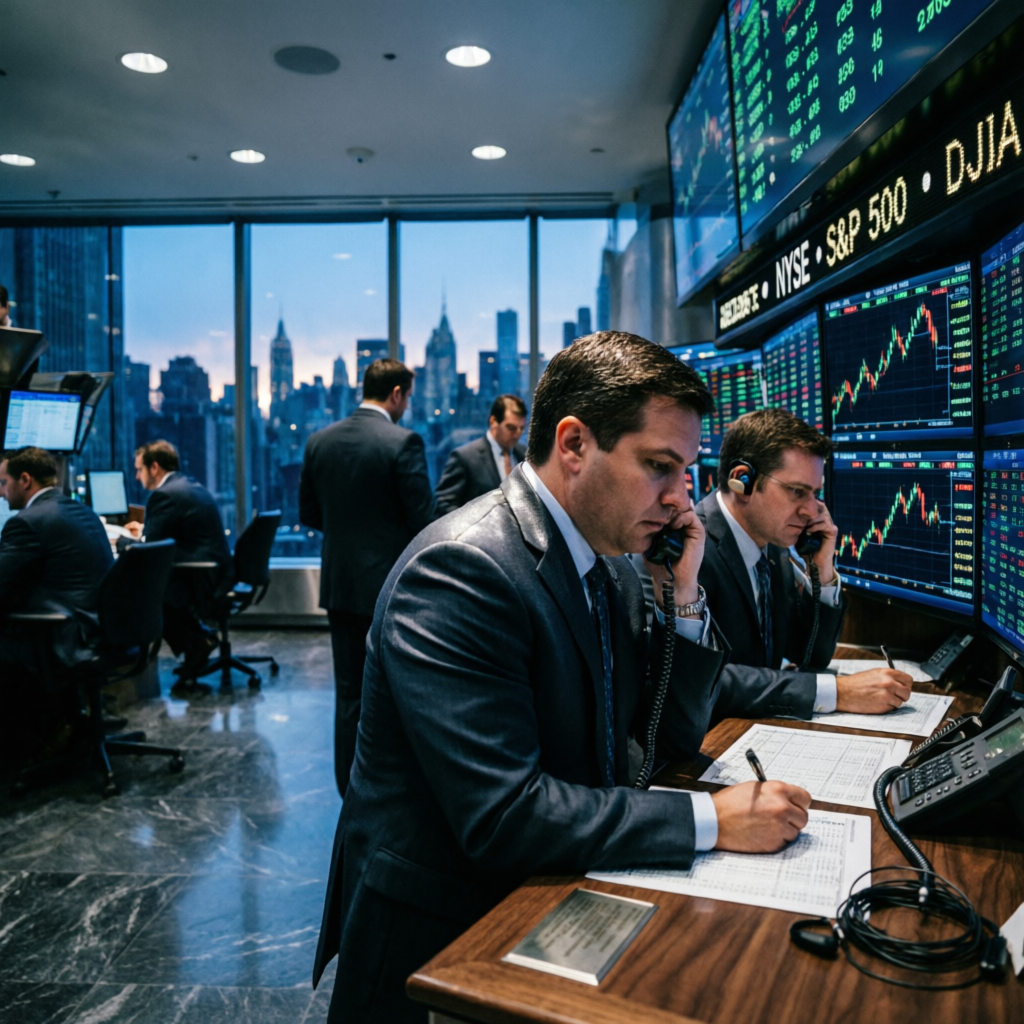 Wall Street trading floor with professional traders