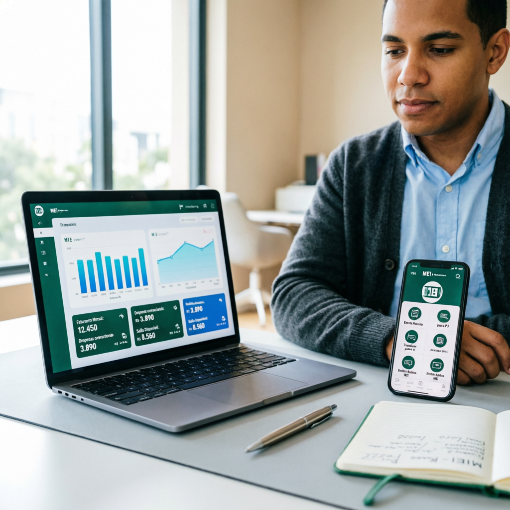 Empresário MEI usando conta digital no celular e laptop para gerenciar finanças