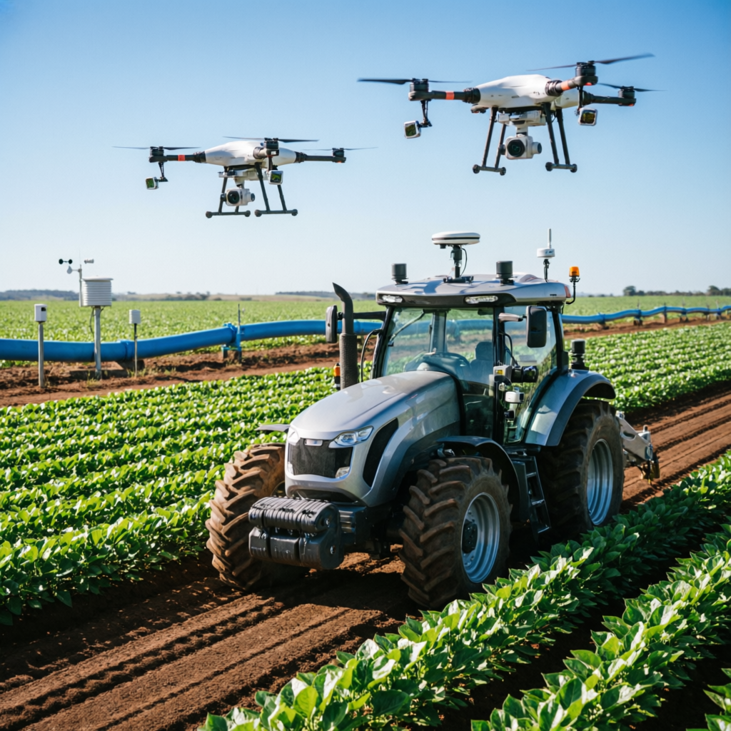 Gestão de agronegócio com trator e drones no campo