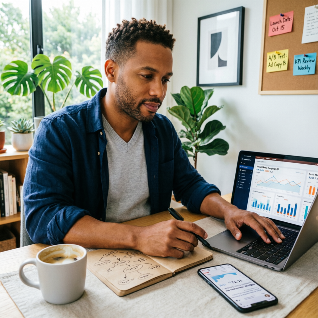 Profissional brasileiro trabalhando remotamente com marketing digital