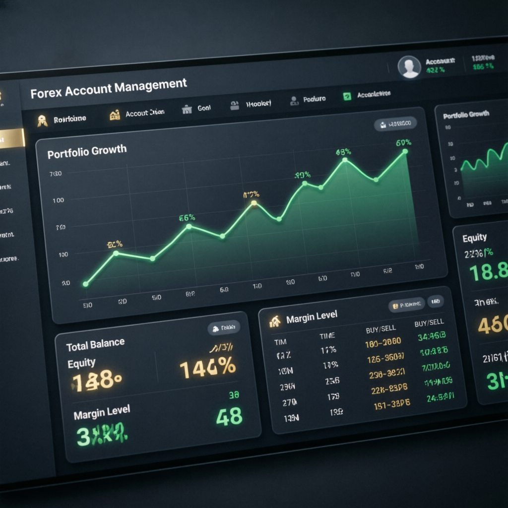 Forex account management dashboard showing portfolio growth and trading metrics