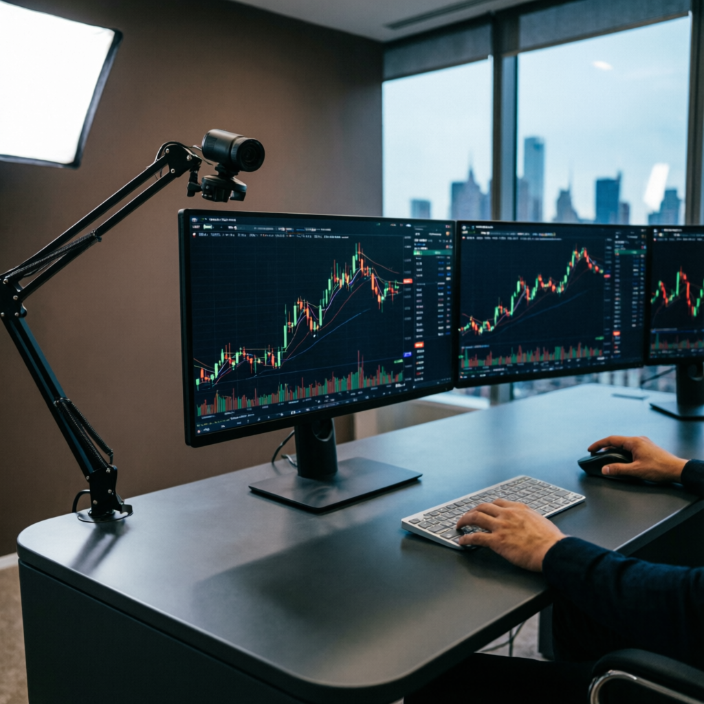 Professional forex trading setup with candlestick charts on multiple monitors