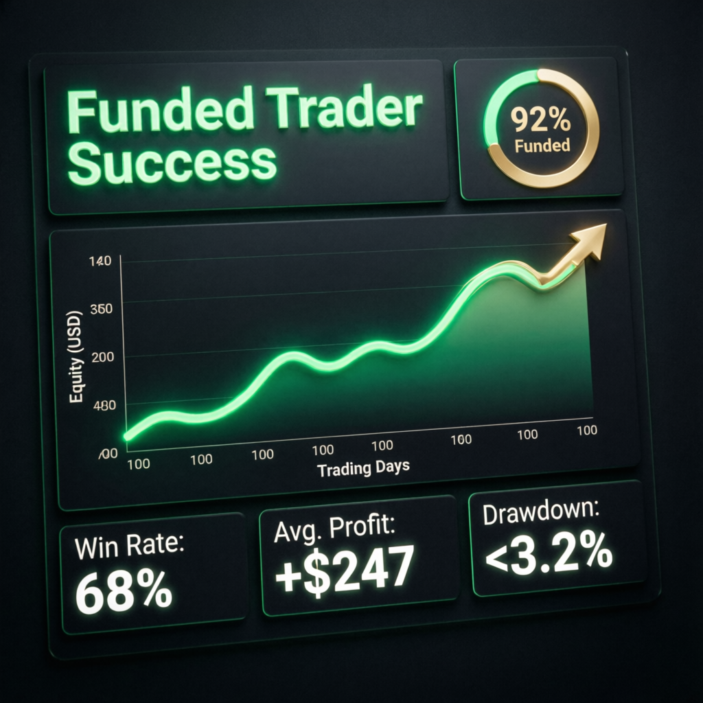 Funded trader success dashboard showing 92% funded rate and upward equity curve