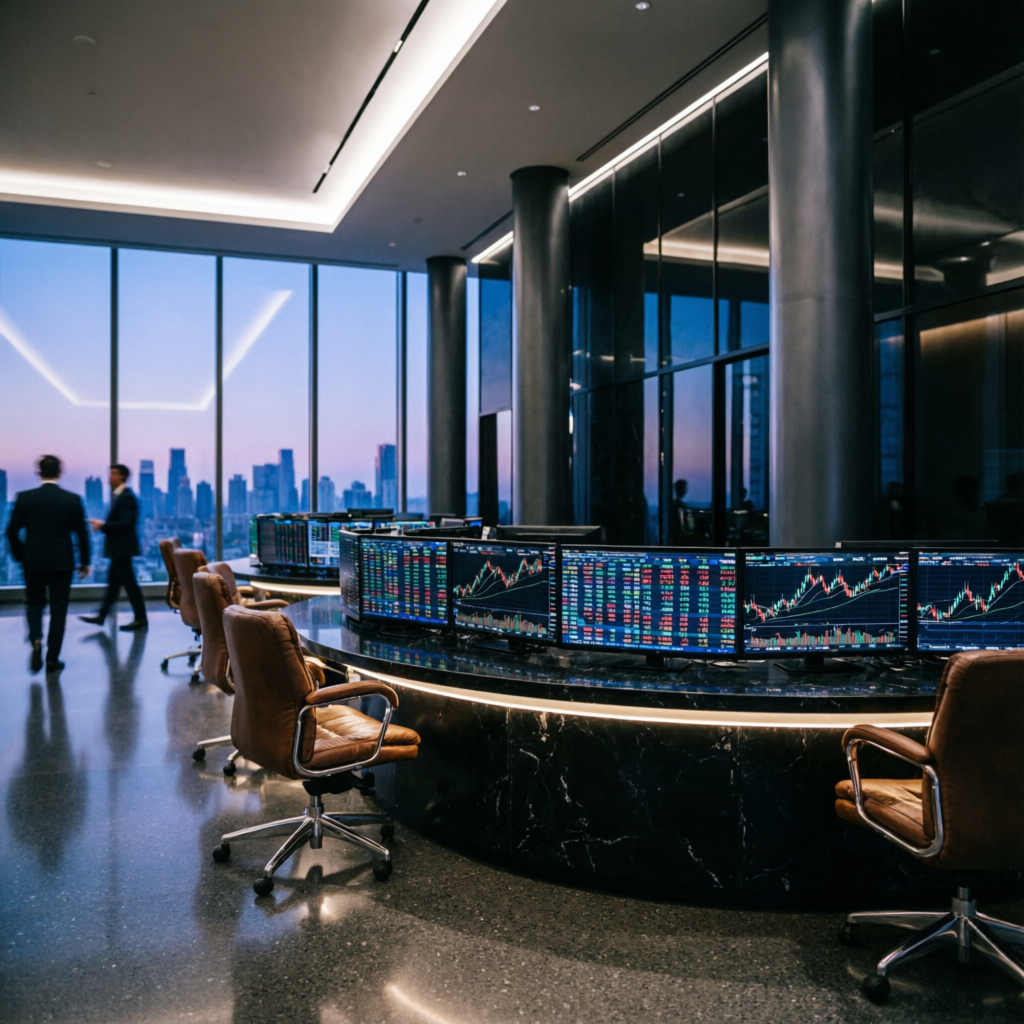Professional prop firm trading floor with multiple monitors