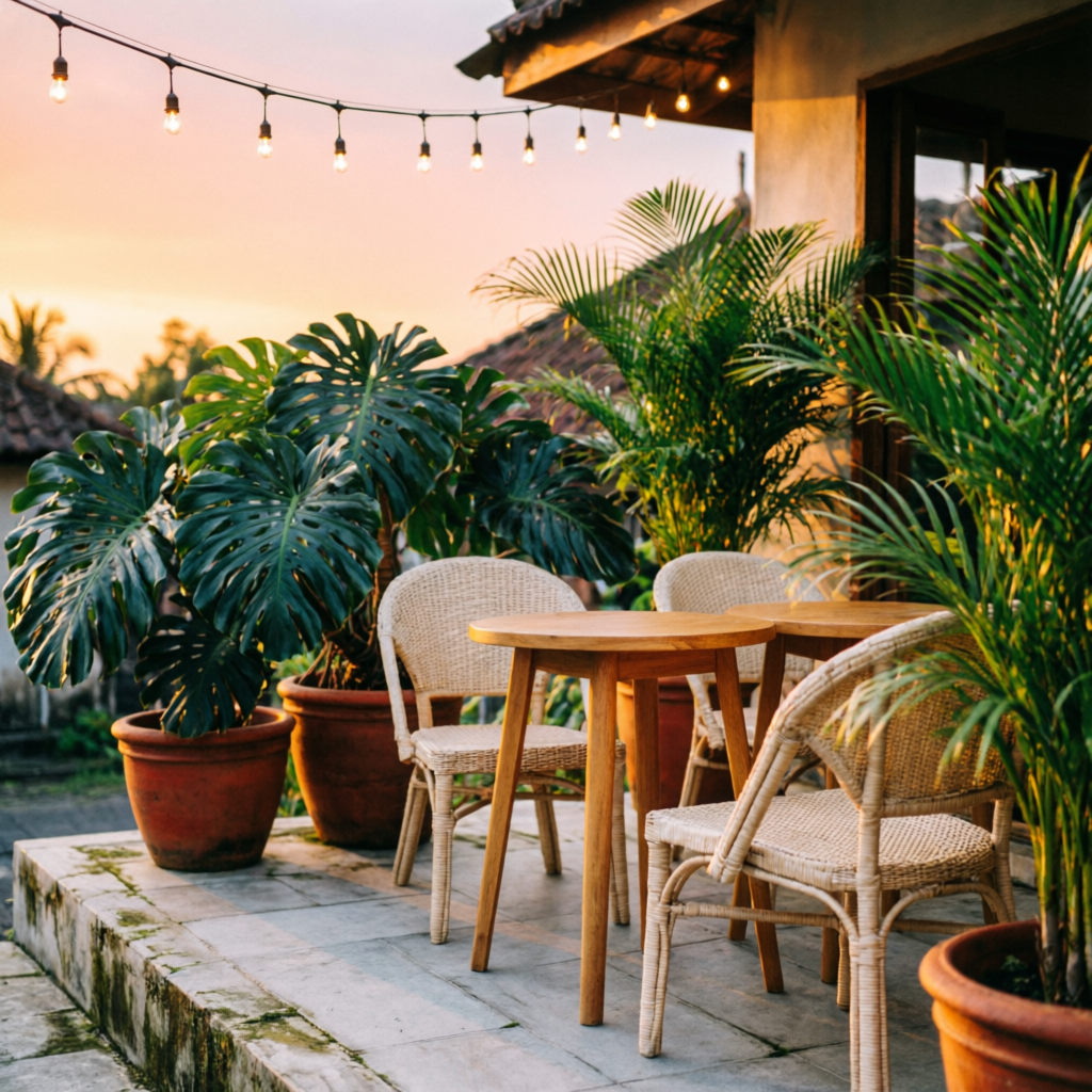 Outdoor terrace with string lights at golden hour