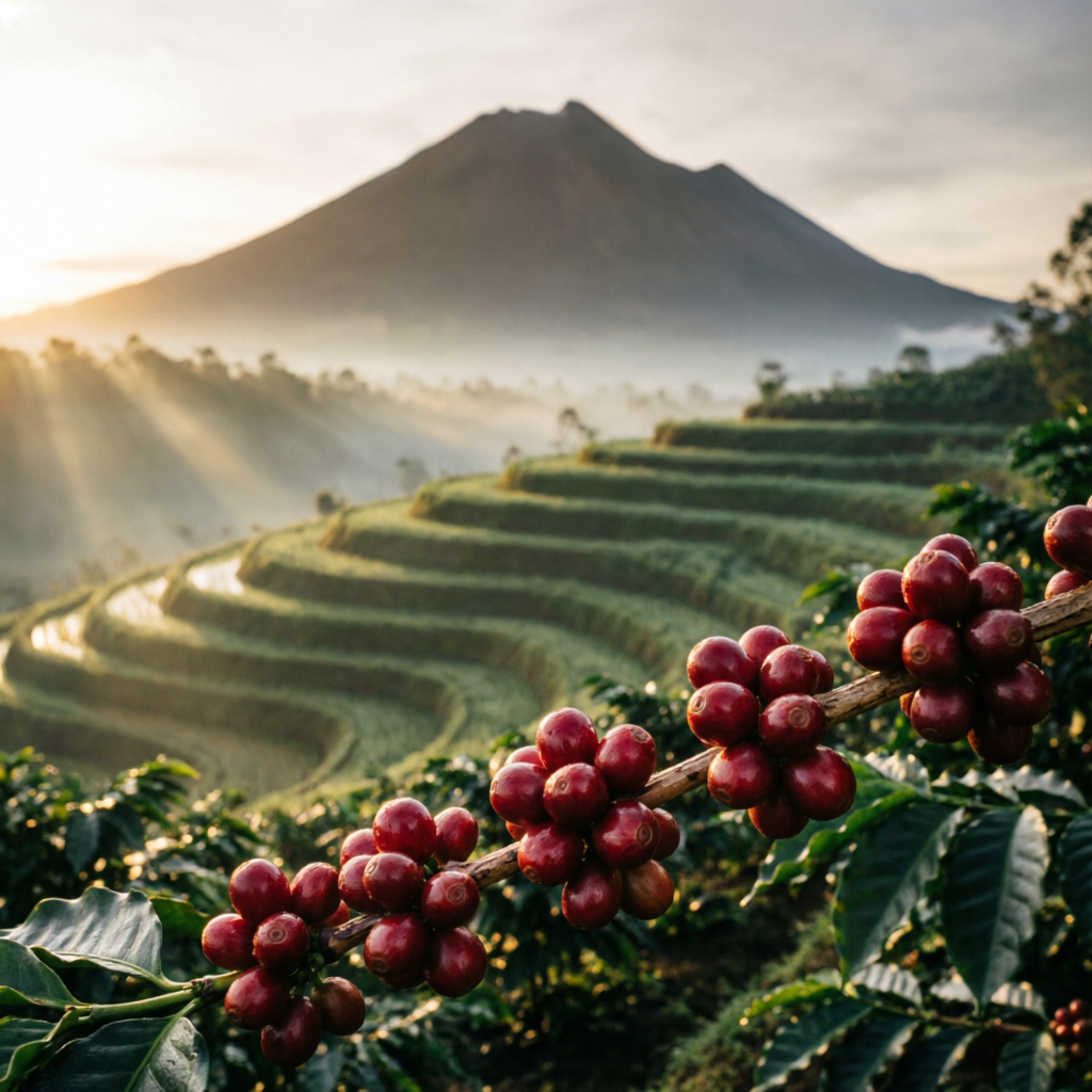 Coffee cherries on a volcanic highland farm in East Java