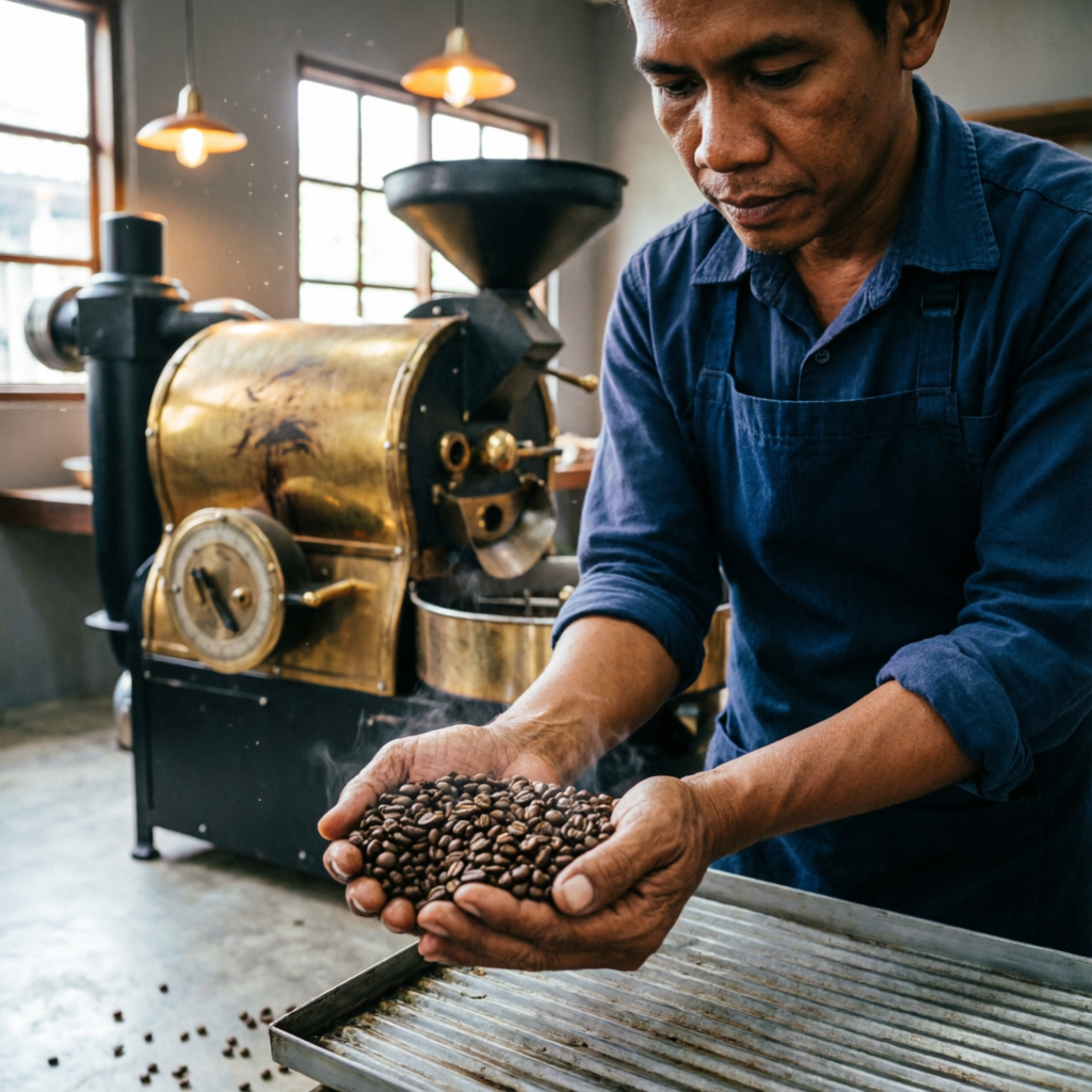 A local roaster holding freshly roasted beans