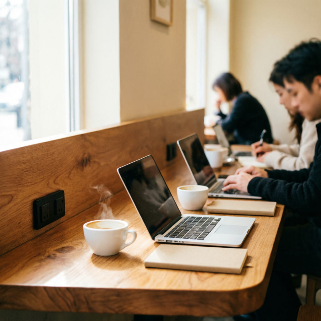 Communal work table with power outlets
