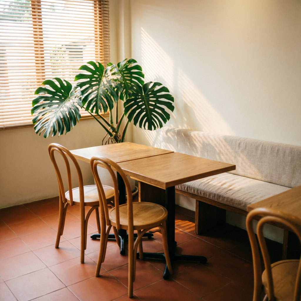 Warm minimal interior of Kopi Sore with wooden furniture and plants