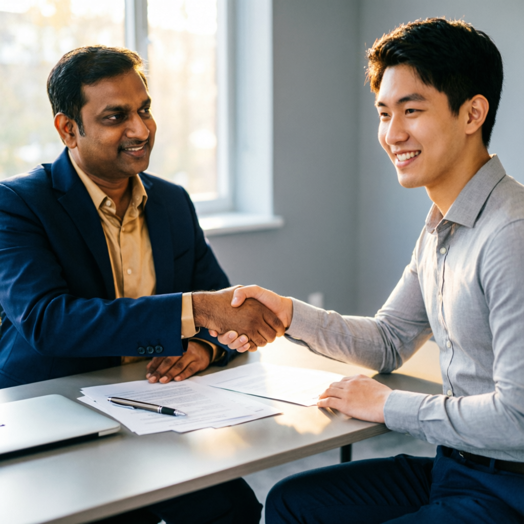 LIC agent recruitment in Kandi — handshake with new agent at BimaConnect