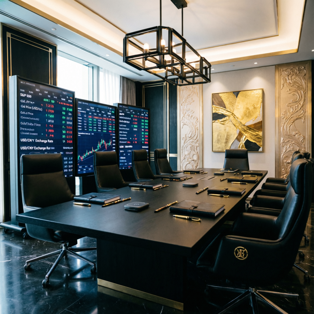 Luxury financial consulting boardroom with trading displays and premium interior